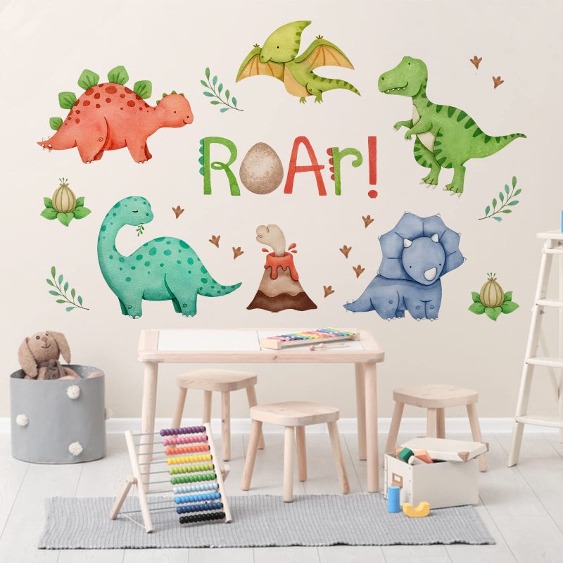 Mfault Watercolor Dinosaur Roar Wall Decals Stickers, Peel Stick Dino Stegosaurus Volcano Nursery Decorations Baby Boys Girls Bedroom Playroom Art, Neutral Tyrannosaurus Rex Kids Classroom Room Decor - Image 4